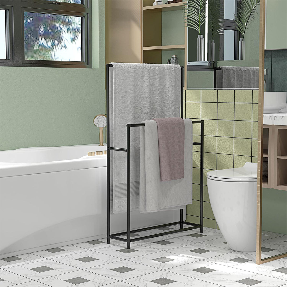 Towel Rack, Freestanding Towel Rack with 2 Towel Rails, Bath Towel Rack for Bathroom, Metal, 66 x 20 x 110 cm, Black