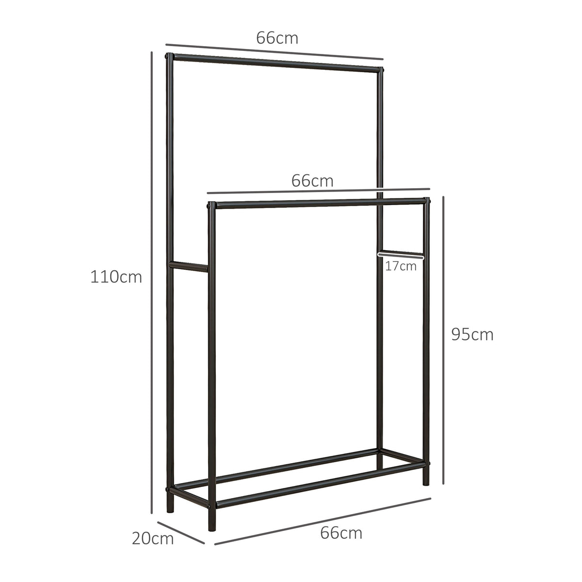 Towel Rack, Freestanding Towel Rack with 2 Towel Rails, Bath Towel Rack for Bathroom, Metal, 66 x 20 x 110 cm, Black