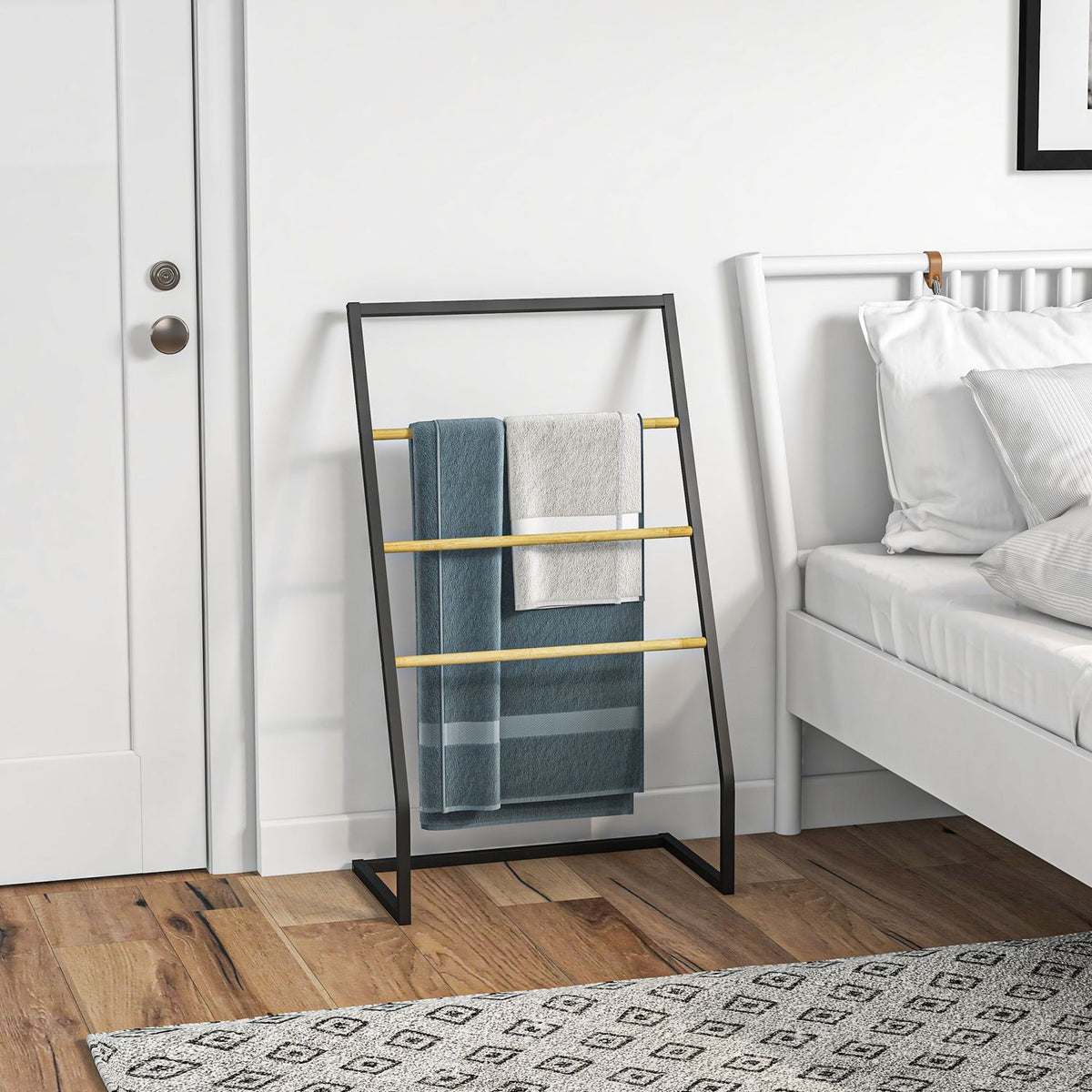 Towel Rack, Freestanding Towel Rack with 3 Towel Rails, Bath Towel Rack for Bathroom, Steel, Black