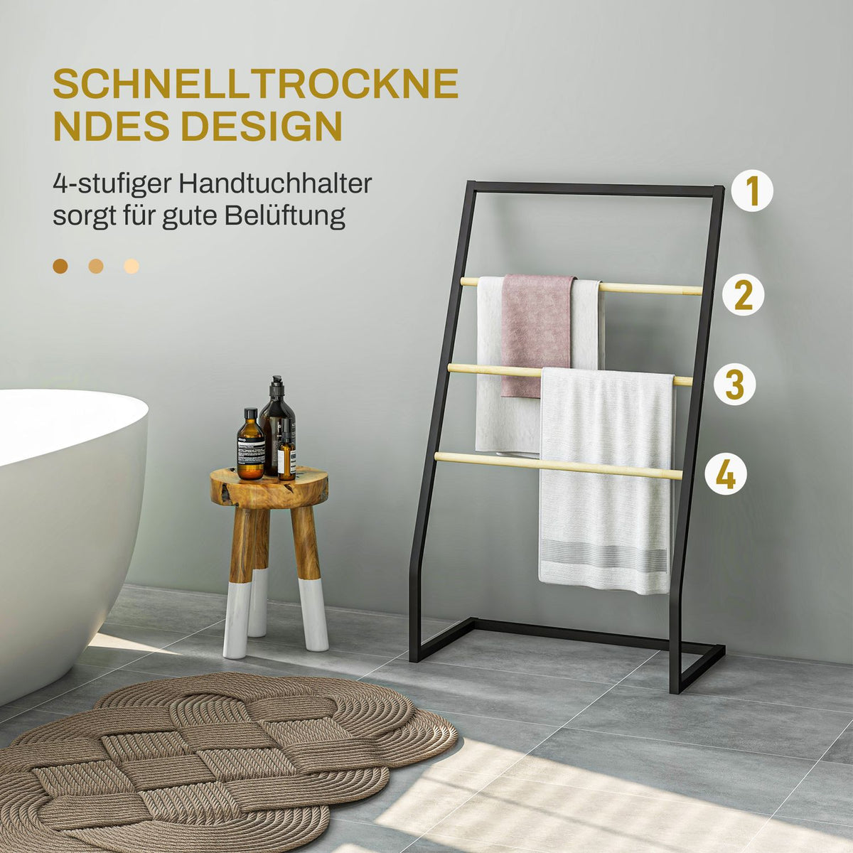 Towel Rack, Freestanding Towel Rack with 3 Towel Rails, Bath Towel Rack for Bathroom, Steel, Black