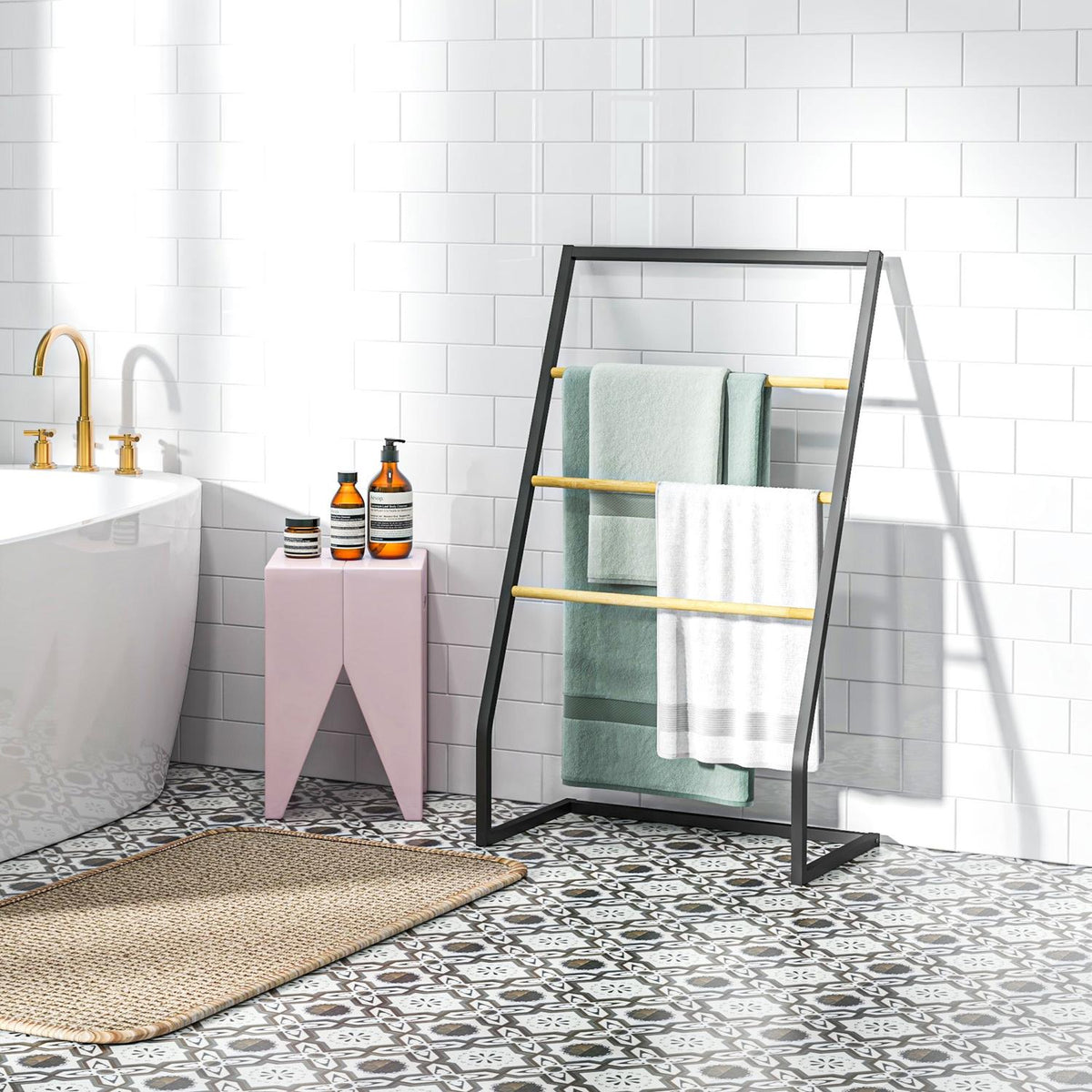 Towel Rack, Freestanding Towel Rack with 3 Towel Rails, Bath Towel Rack for Bathroom, Steel, Black