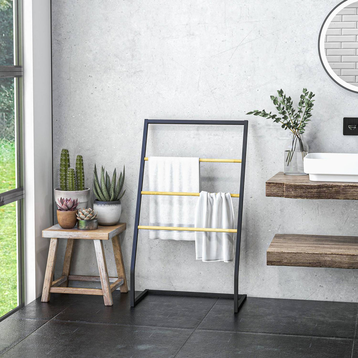 Towel Rack, Freestanding Towel Rack with 3 Towel Rails, Bath Towel Rack for Bathroom, Steel, Black