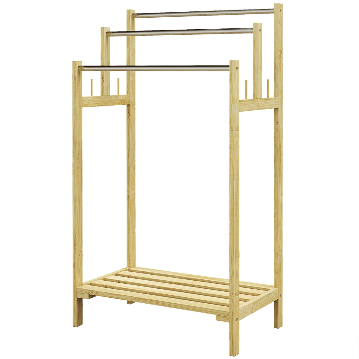 Towel Rack Freestanding, Towel Rack with 4 Hooks, 3 Towel Rails, Bath Towel Rack for Bathroom, Bamboo, Natural