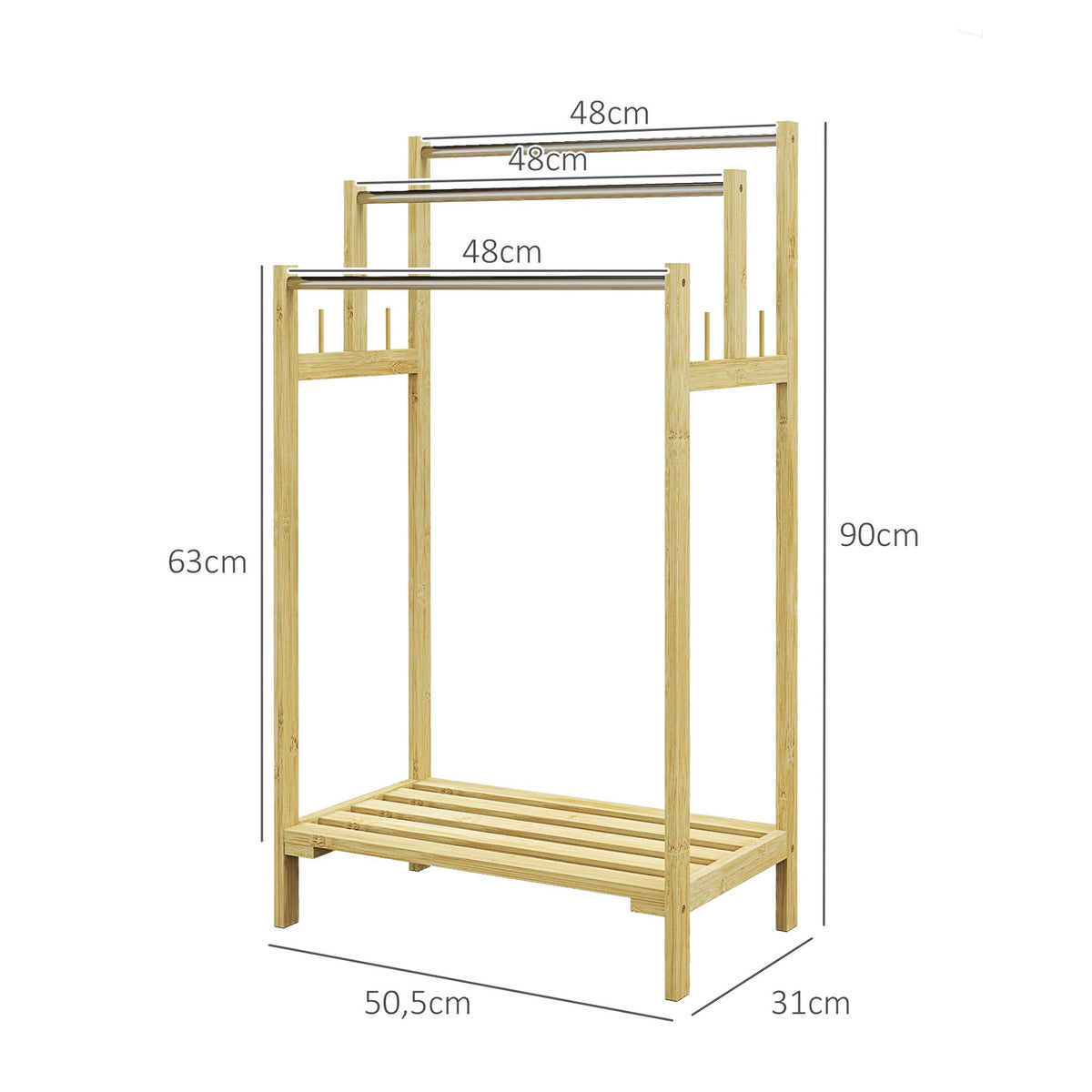 Towel Rack Freestanding, Towel Rack with 4 Hooks, 3 Towel Rails, Bath Towel Rack for Bathroom, Bamboo, Natural