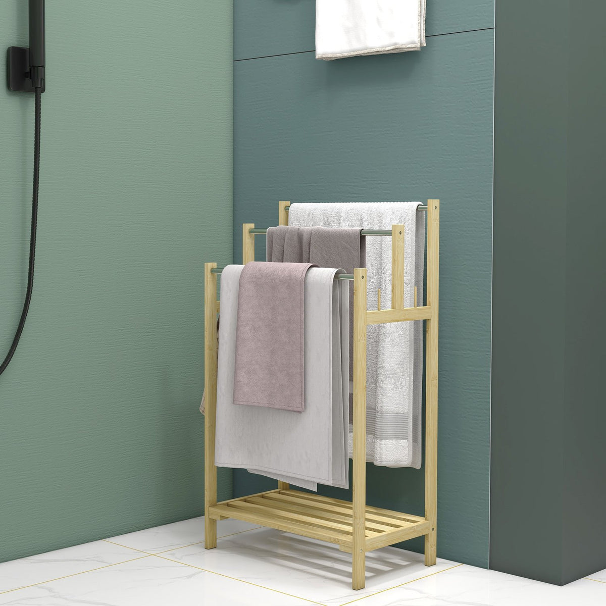 Towel Rack Freestanding, Towel Rack with 4 Hooks, 3 Towel Rails, Bath Towel Rack for Bathroom, Bamboo, Natural