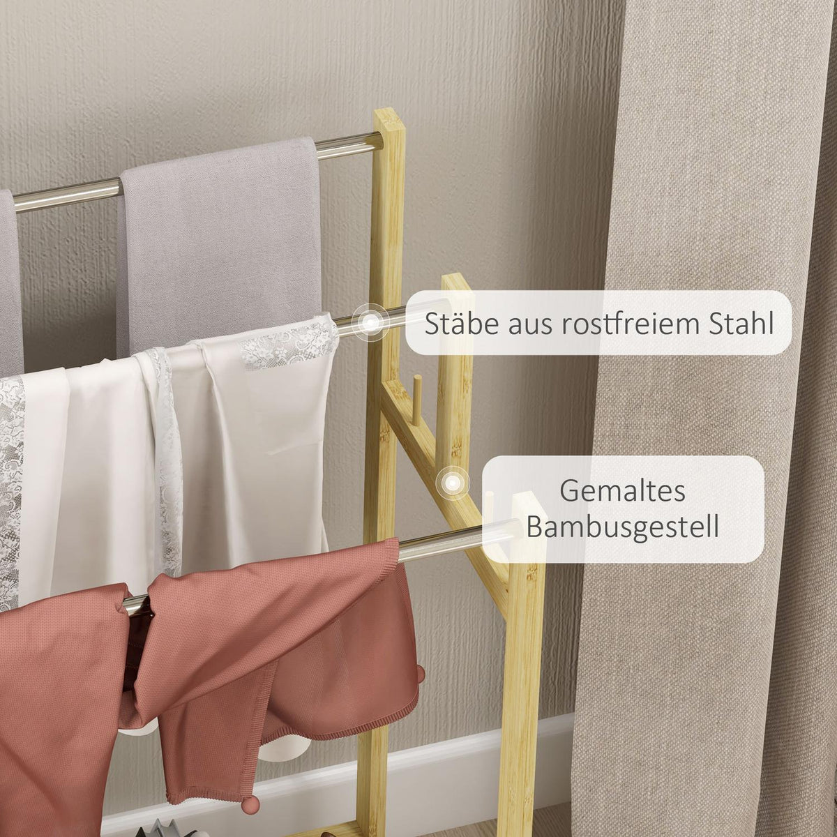 Towel Rack Freestanding, Towel Rack with 4 Hooks, 3 Towel Rails, Bath Towel Rack for Bathroom, Bamboo, Natural
