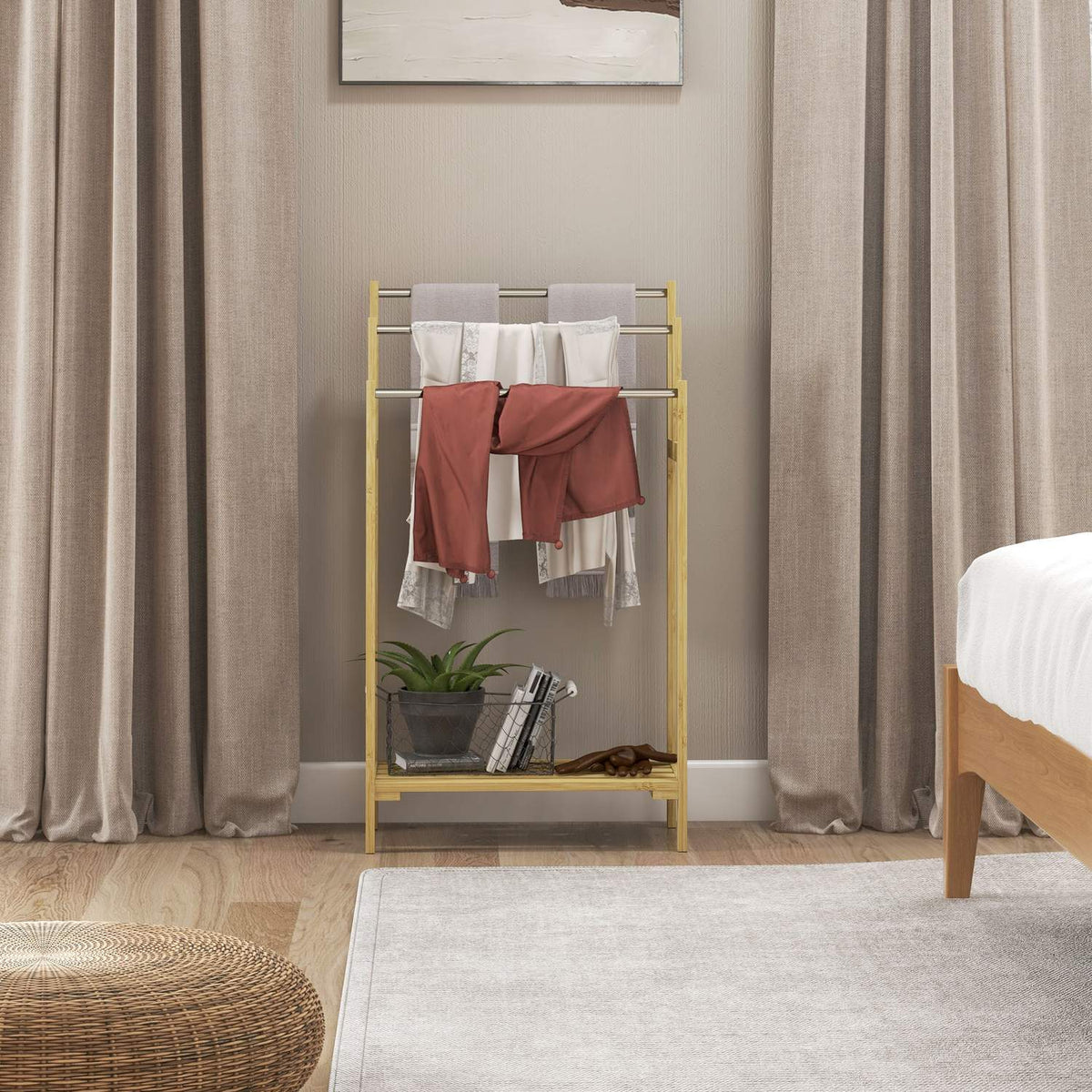 Towel Rack Freestanding, Towel Rack with 4 Hooks, 3 Towel Rails, Bath Towel Rack for Bathroom, Bamboo, Natural