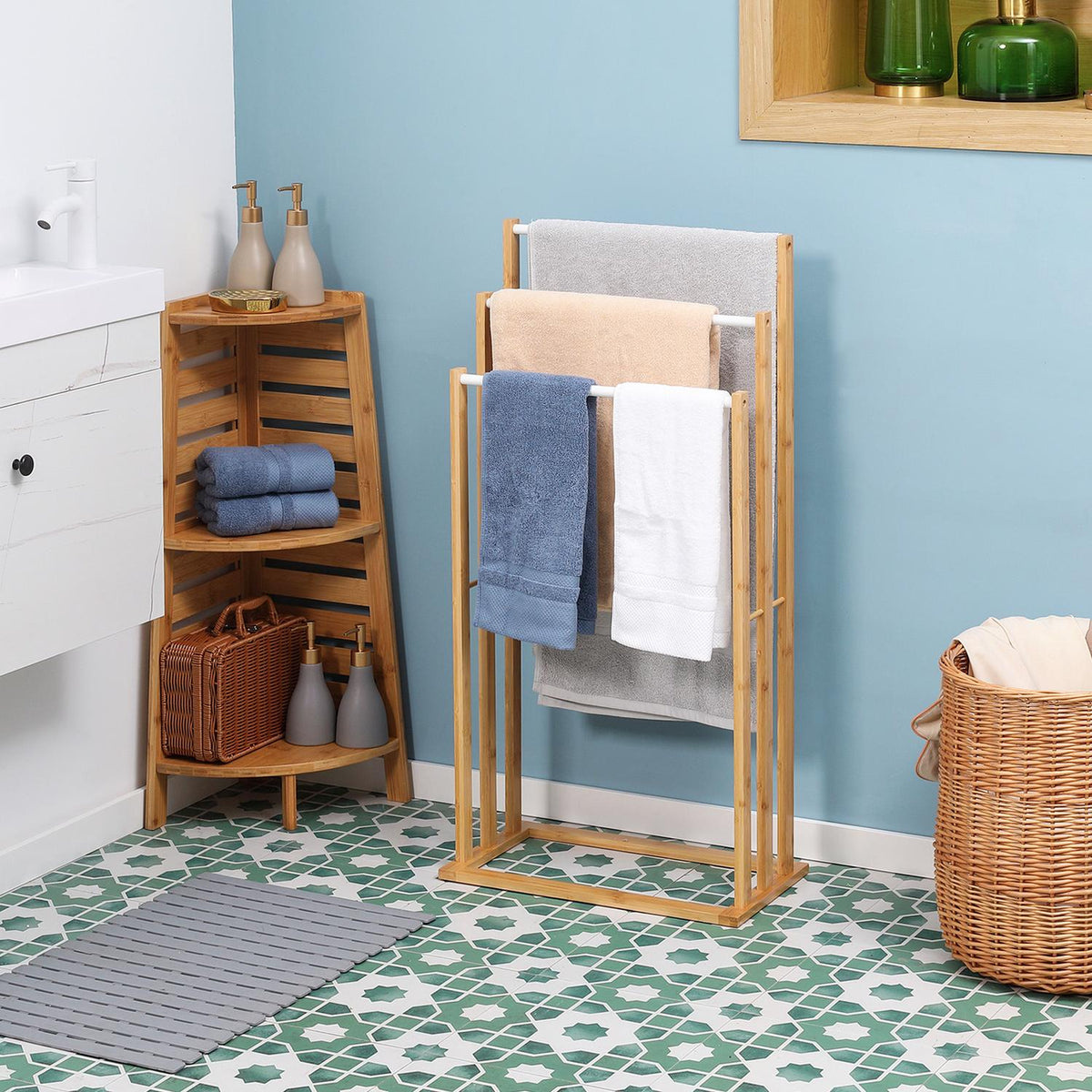 Towel Rack Freestanding Towel Stand With 3 Bars, Bamboo, Natural, 48X25.8X94Cm
