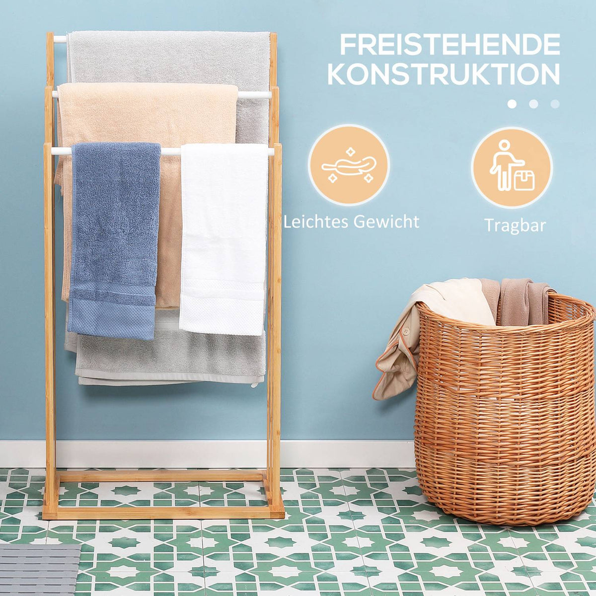 Towel Rack Freestanding Towel Stand With 3 Bars, Bamboo, Natural, 48X25.8X94Cm