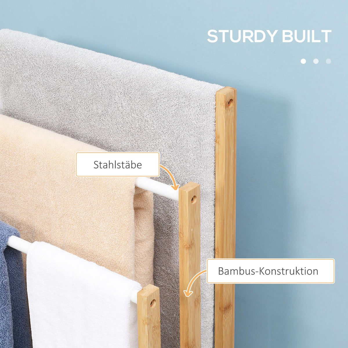 Towel Rack Freestanding Towel Stand With 3 Bars, Bamboo, Natural, 48X25.8X94Cm