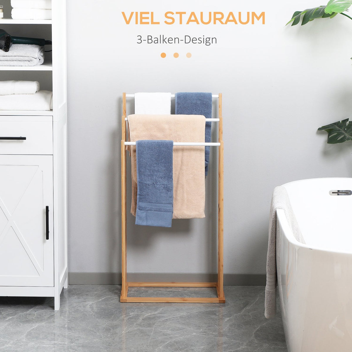 Towel Rack Freestanding Towel Stand With 3 Bars, Bamboo, Natural, 48X25.8X94Cm