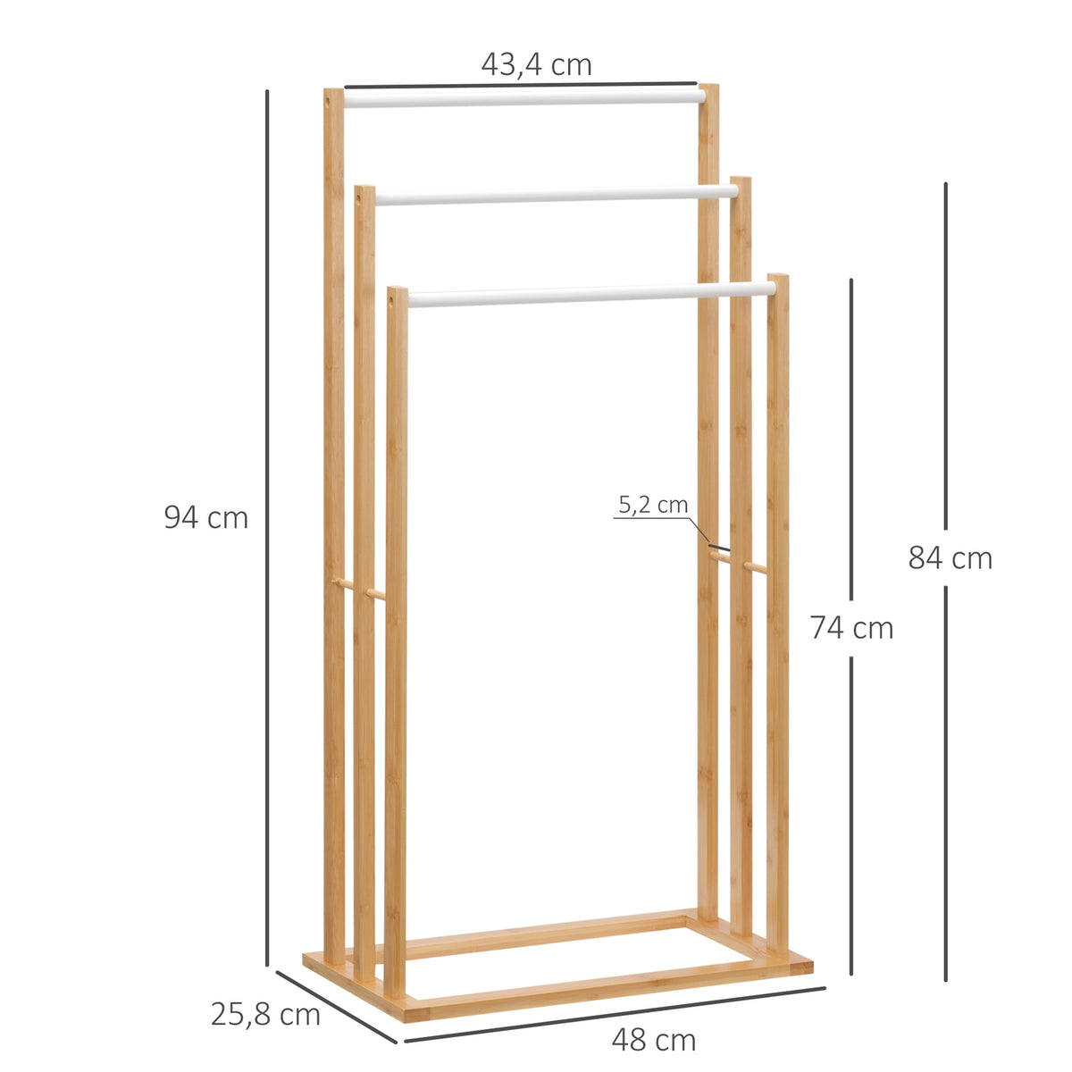 Towel Rack Freestanding Towel Stand With 3 Bars, Bamboo, Natural, 48X25.8X94Cm