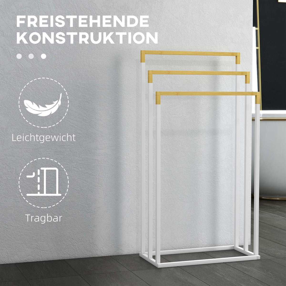 Towel Rack Freestanding Towel Stand With 3 Towel Rails Bath Towel Rack For Bathroom Steel Bamboo White
