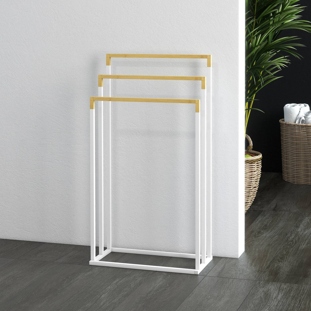 Towel Rack Freestanding Towel Stand With 3 Towel Rails Bath Towel Rack For Bathroom Steel Bamboo White