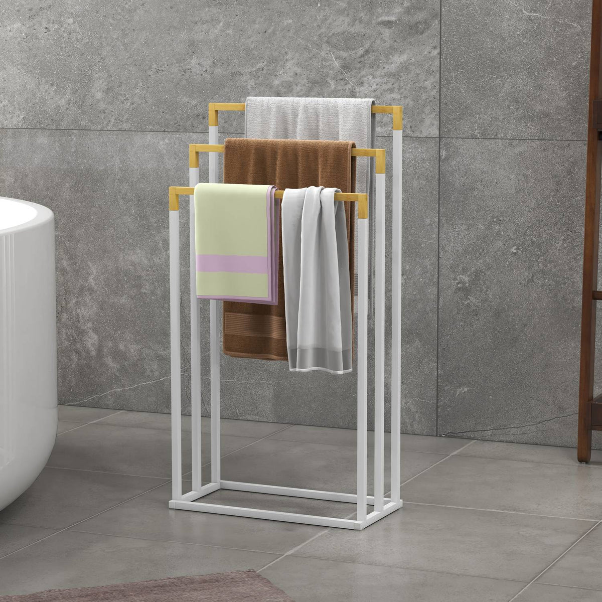 Towel Rack Freestanding Towel Stand With 3 Towel Rails Bath Towel Rack For Bathroom Steel Bamboo White