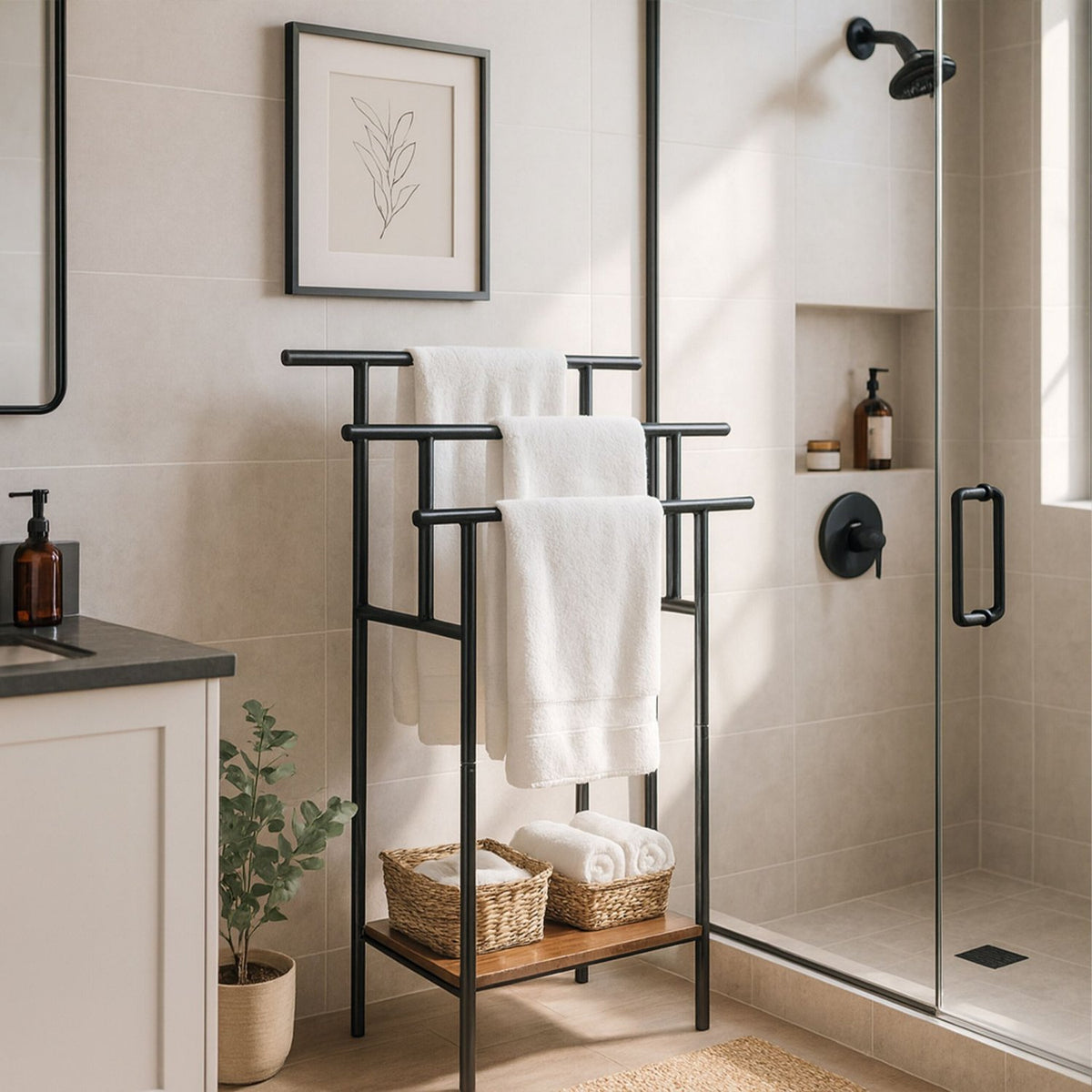 Towel Rack with Shelf – Free-Standing, Metal & Wood