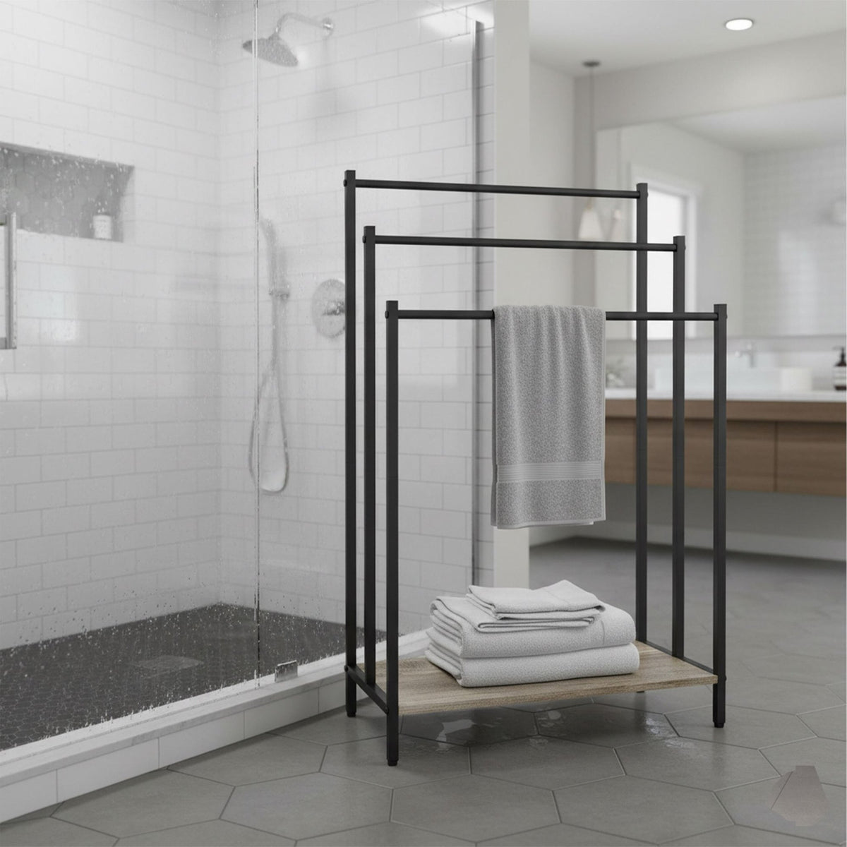 Towel Rack with Shelf, Freestanding Metal Frame
