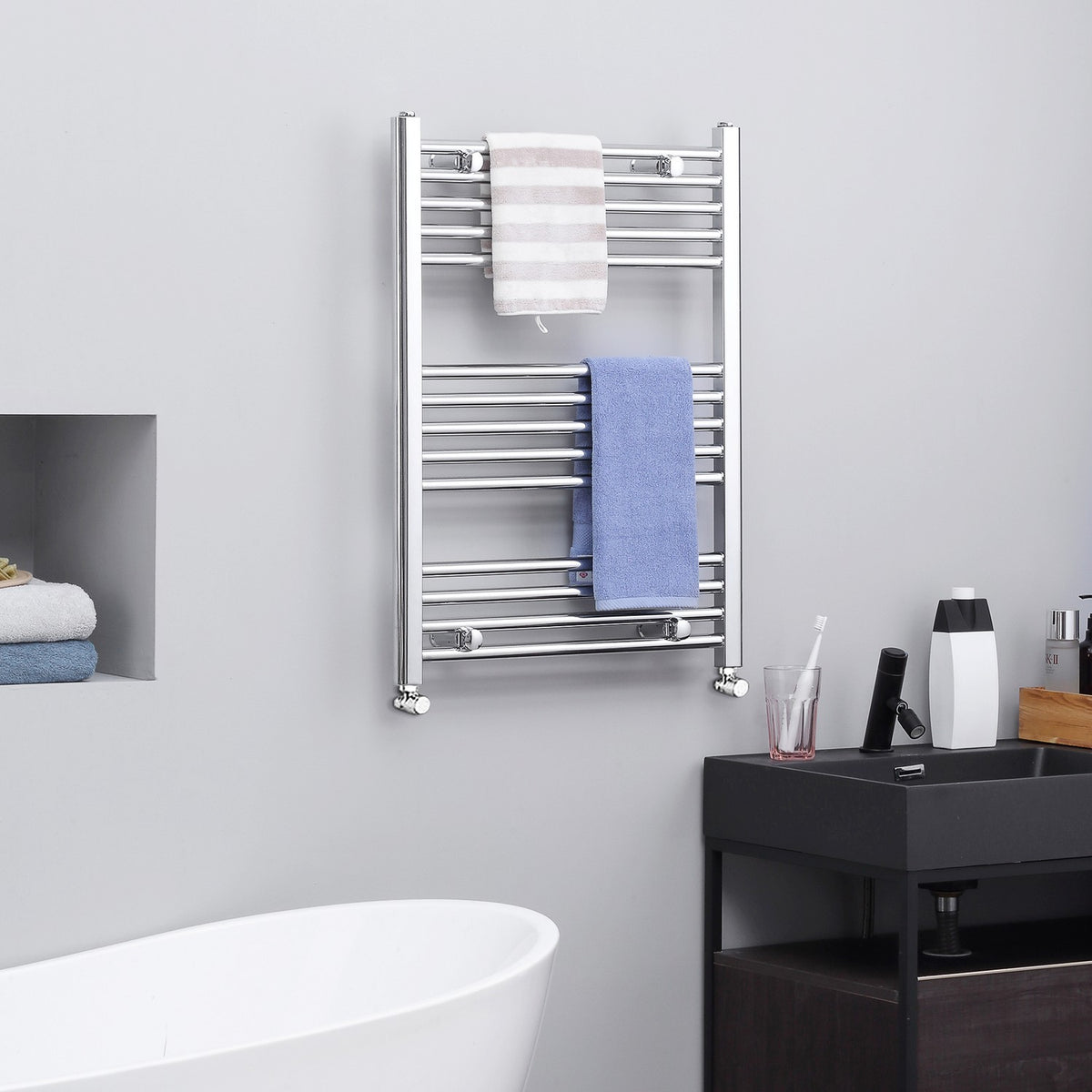 Towel Radiator Hydronic Towel Warmer 14 Heating Rods Bathroom Radiator Towel Heater Wall Mounted Carbon Steel Silver 600 X 800 Mm