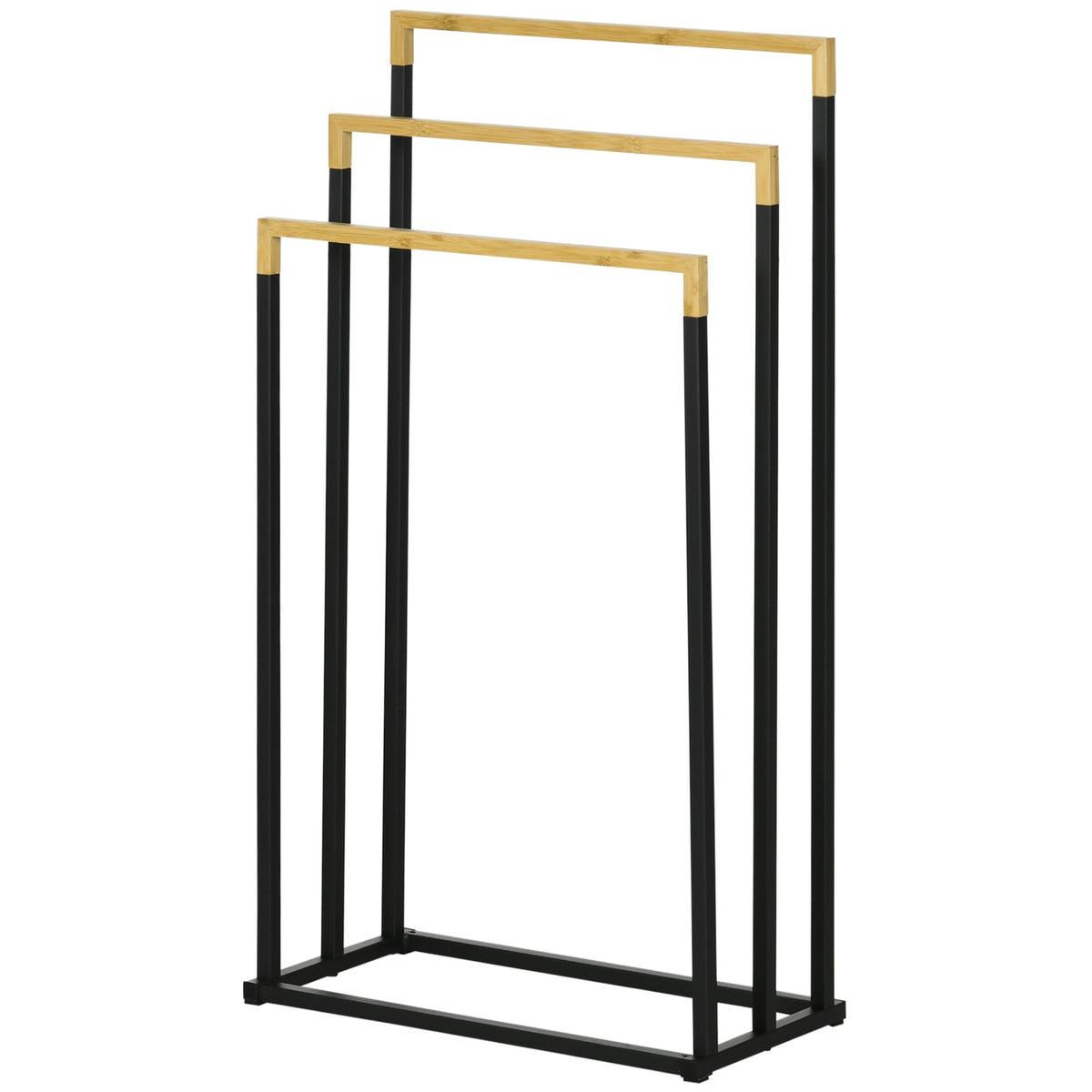 Towel Stand 3 Bars Steel Bamboo Bath Towel Holder Black