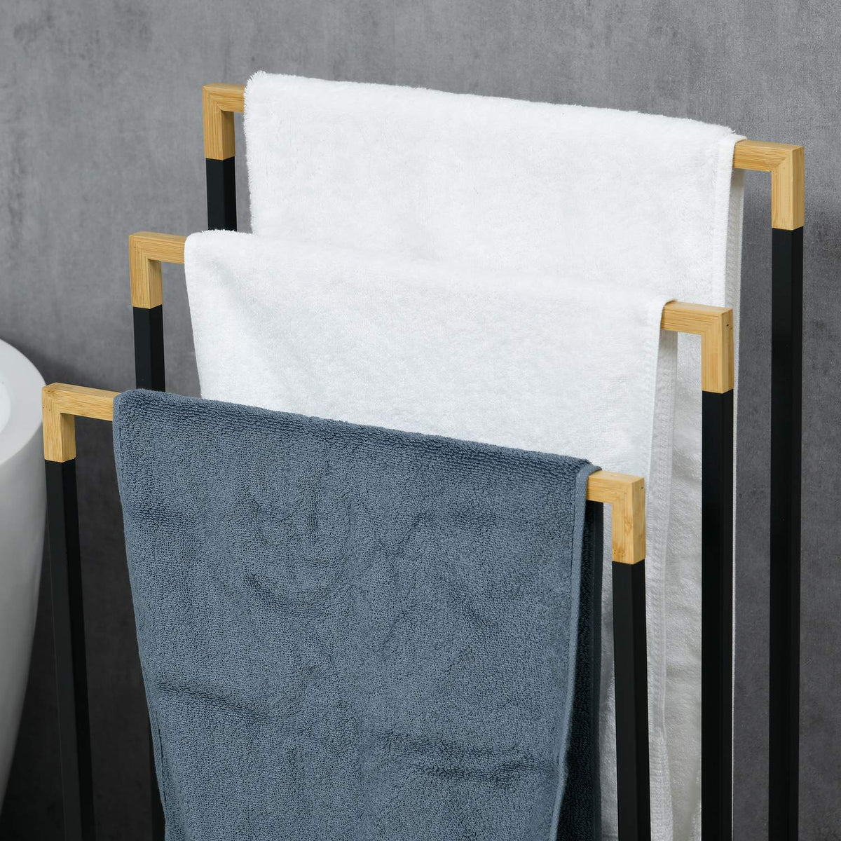 Towel Stand 3 Bars Steel Bamboo Bath Towel Holder Black