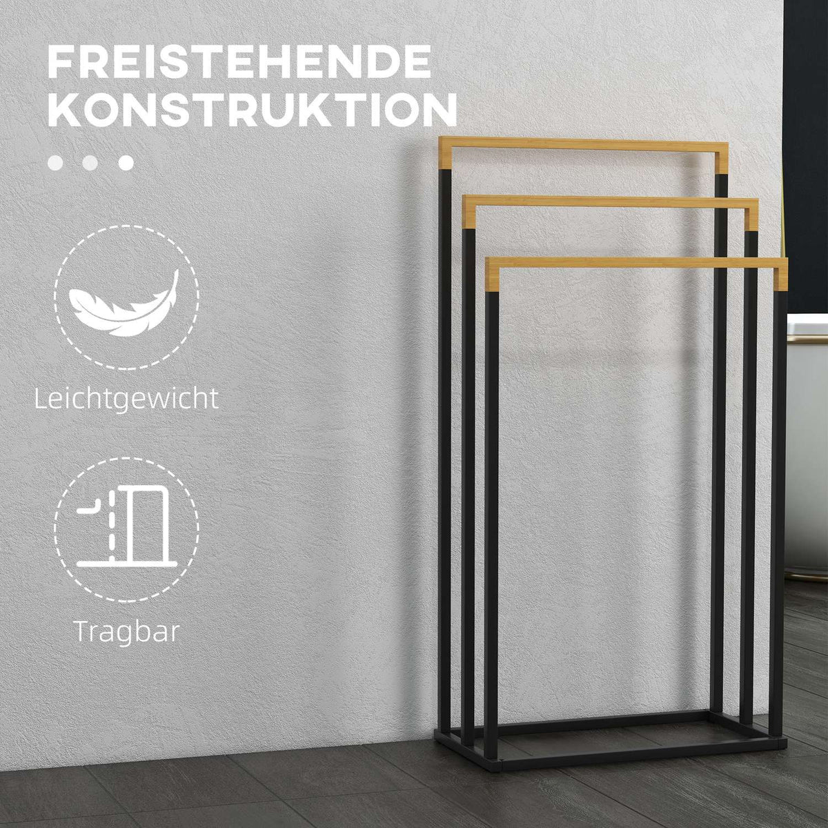 Towel Stand 3 Bars Steel Bamboo Bath Towel Holder Black
