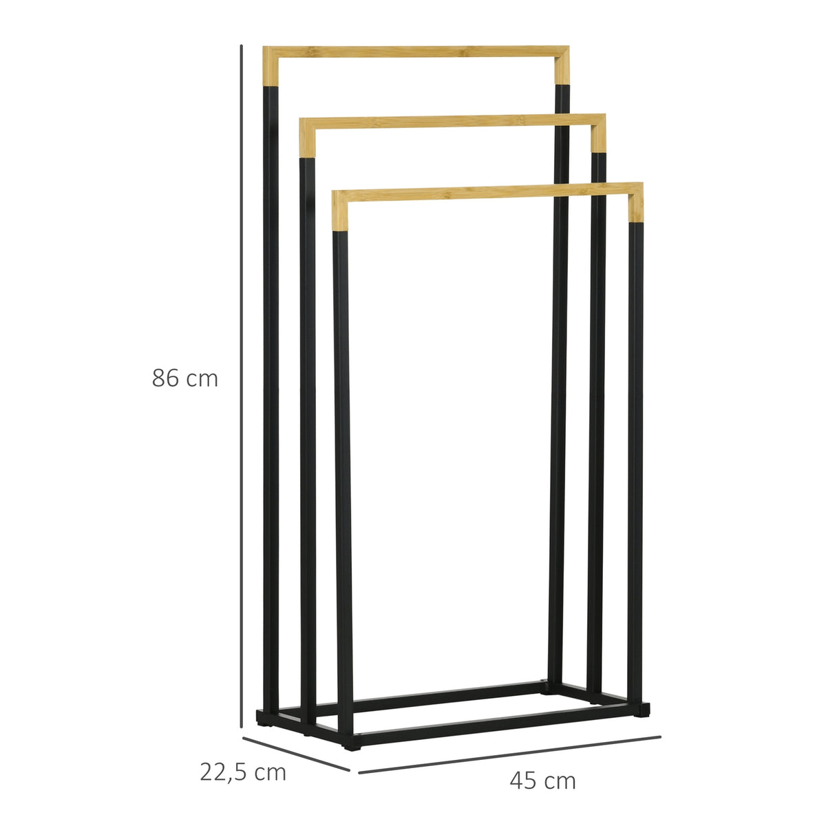 Towel Stand 3 Bars Steel Bamboo Bath Towel Holder Black