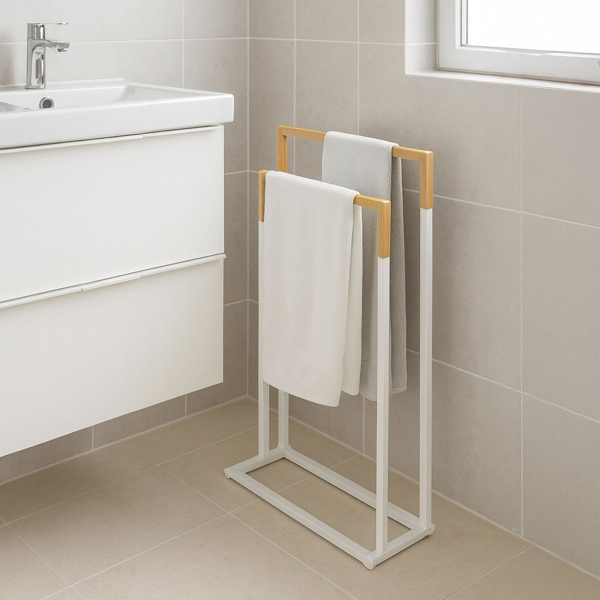 Towel Stand with 2 Bars – Metal & Bamboo