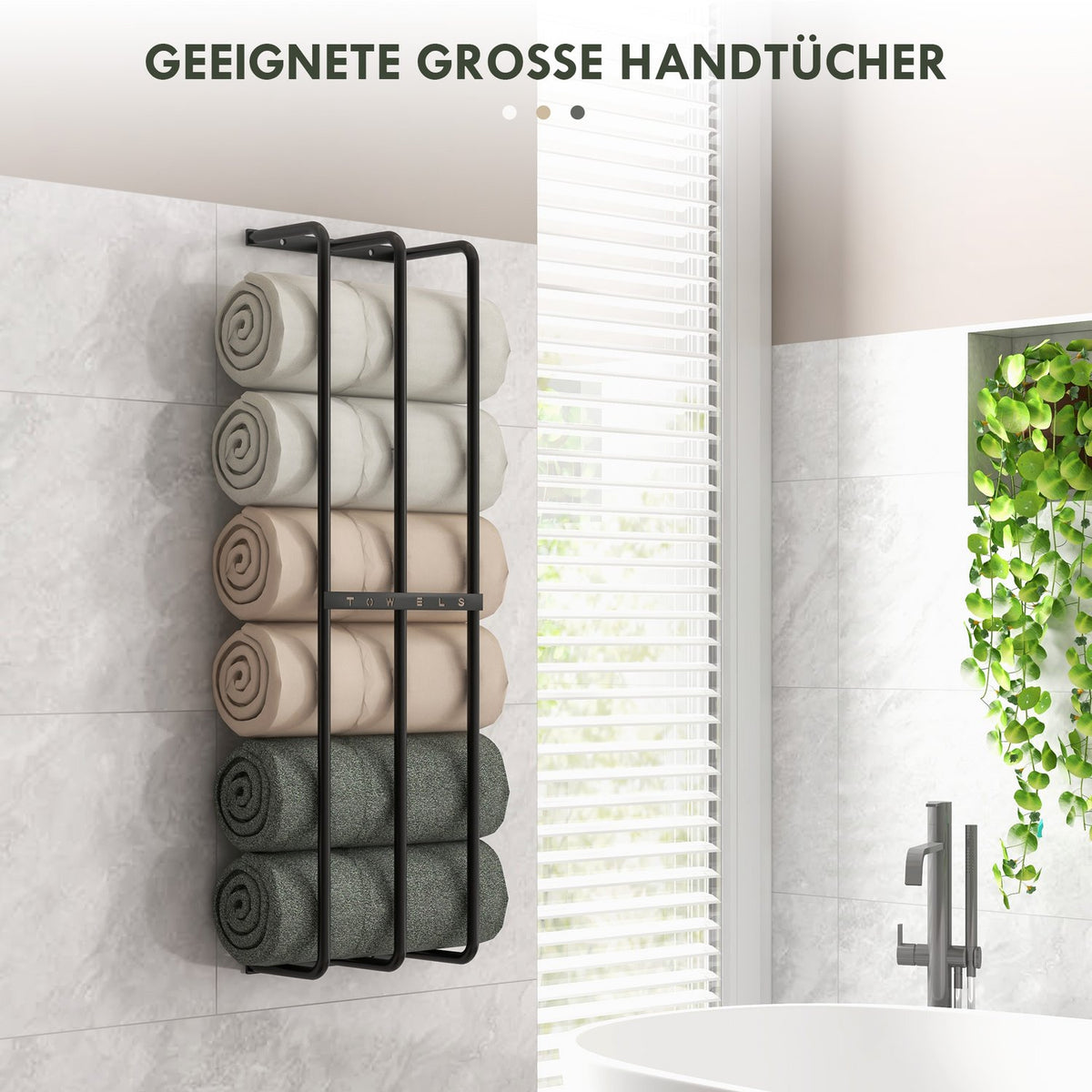 Towel rack wall mounted, bath towel rack for 6 large size (160 x 100 cm) rolled towels, guest towel rack, metal