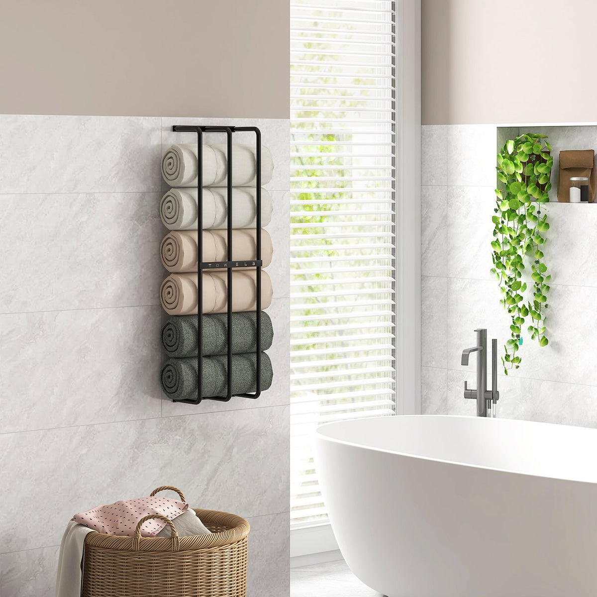 Towel rack wall mounted, bath towel rack for 6 large size (160 x 100 cm) rolled towels, guest towel rack, metal
