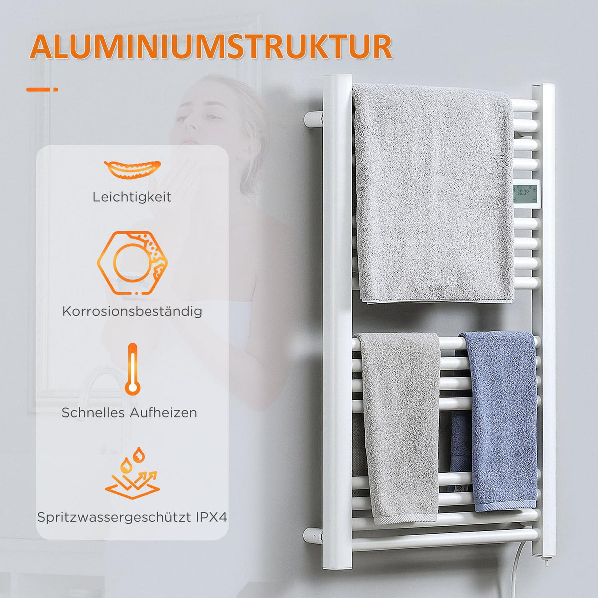 Towel radiator 540x960 mm bathroom radiator 16 heating elements with overheating protection wall mounting aluminum white for bathroom