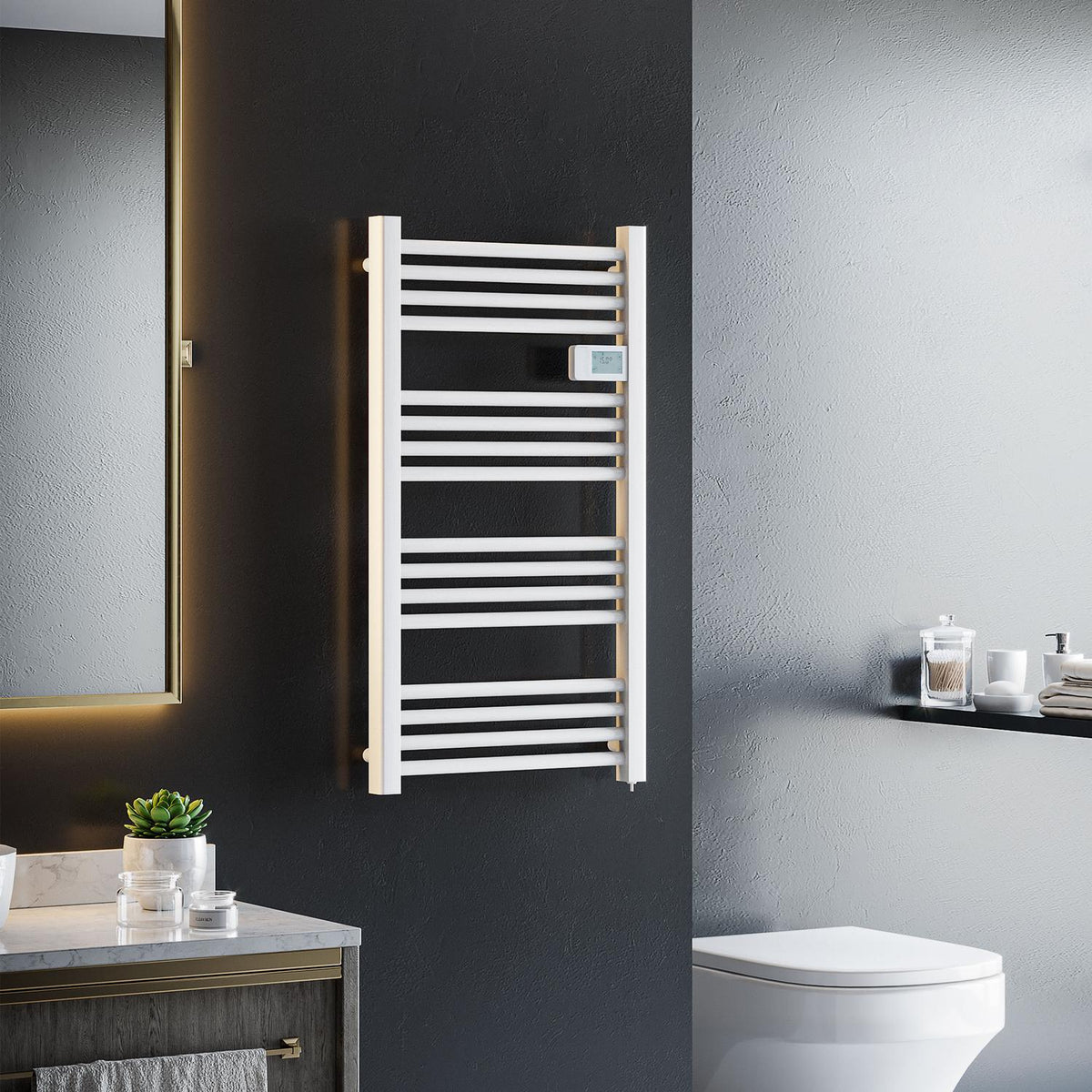 Towel radiator 540x960 mm bathroom radiator 16 heating elements with overheating protection wall mounting aluminum white for bathroom
