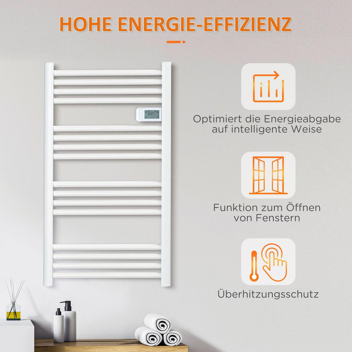 Towel radiator 540x960 mm bathroom radiator 16 heating elements with overheating protection wall mounting aluminum white for bathroom