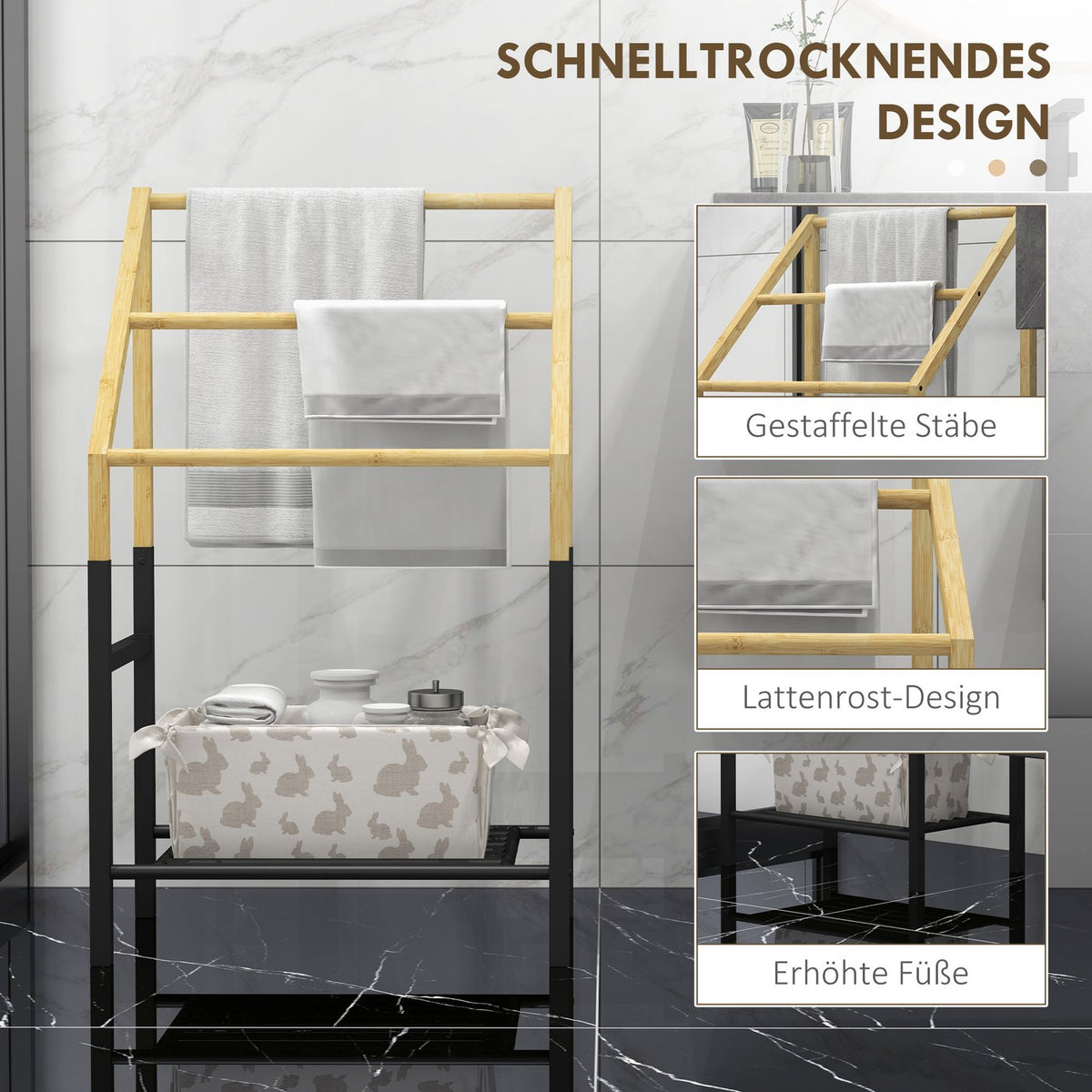 Towel rail, freestanding, 3 bars, 51x31x85.5cm, black/natural wood