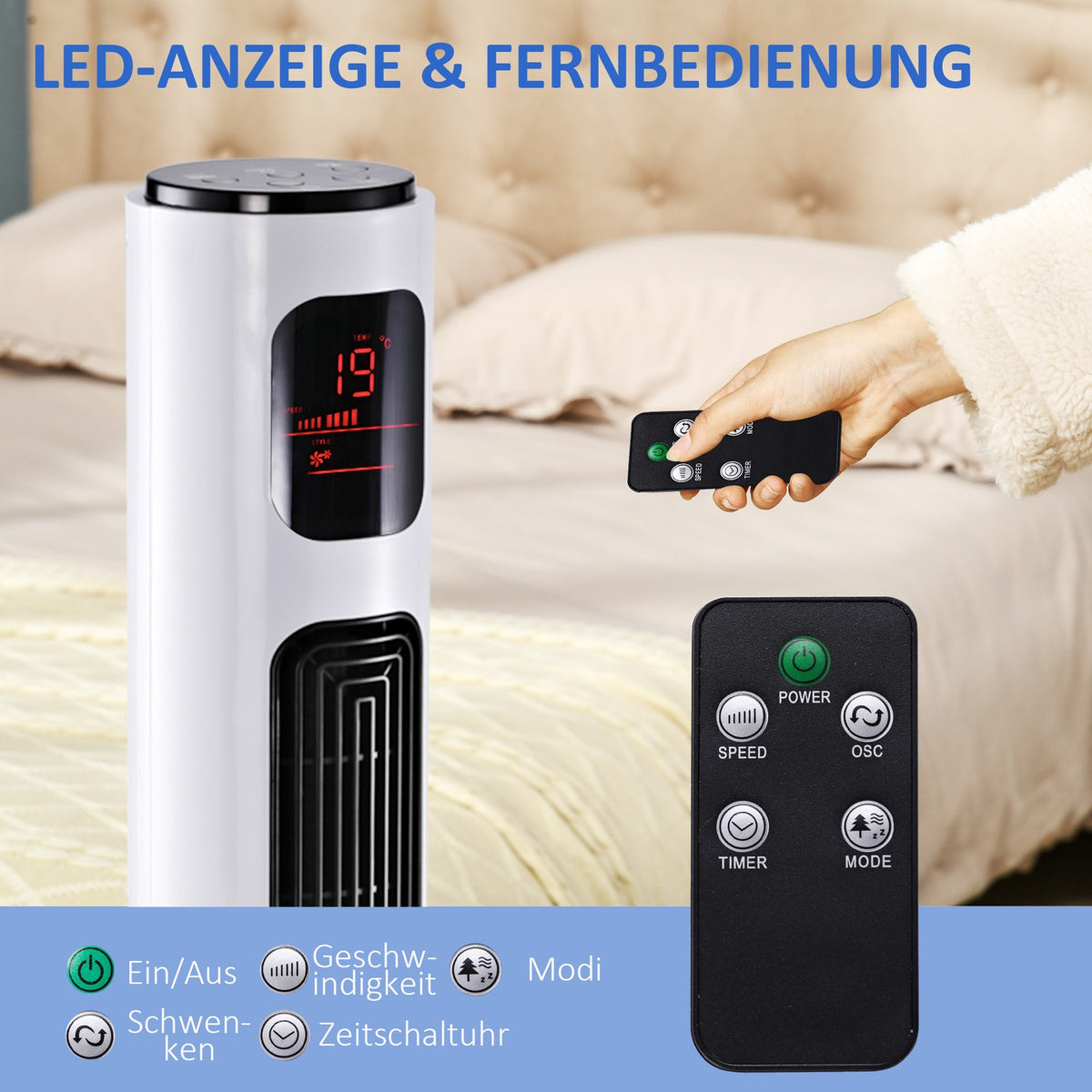 Tower Fan 70° Oscillating Pedestal Fan 96Cm 45W 3 Modes Abs Plastic White+Black