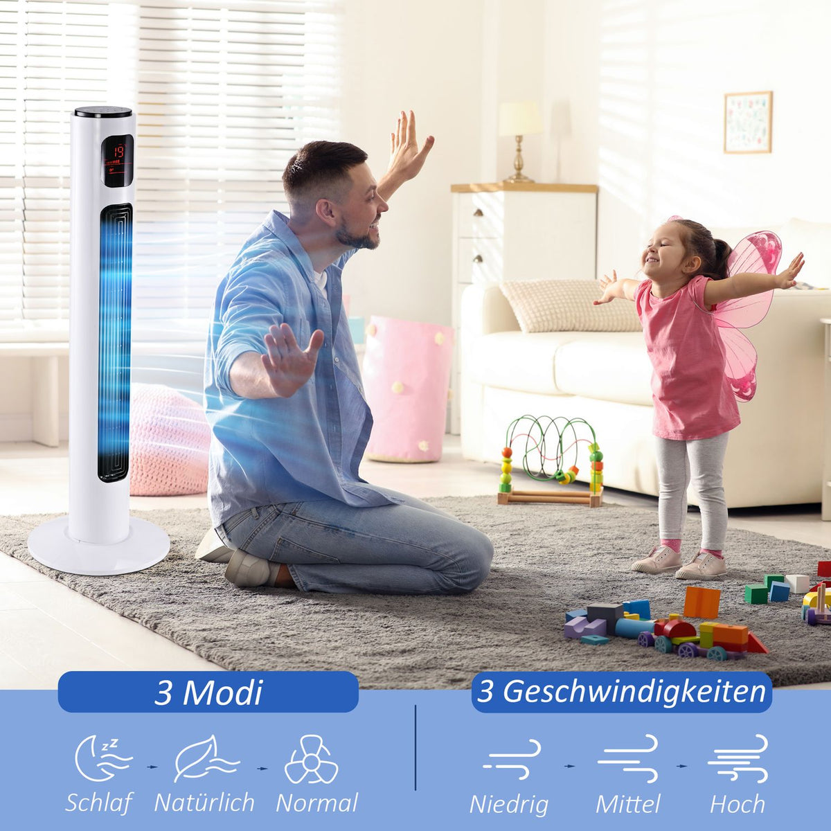 Tower Fan 70° Oscillating Pedestal Fan 96Cm 45W 3 Modes Abs Plastic White+Black