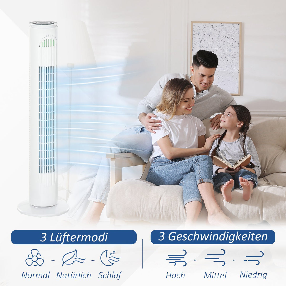 Tower Fan 70° Oscillation, 77Cm, 45W, 3 Modes & Speeds, Abs Plastic, White