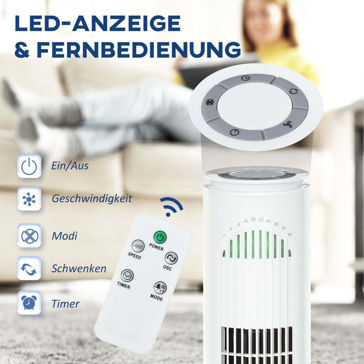 Tower Fan 70° Oscillation, 77Cm, 45W, 3 Modes & Speeds, Abs Plastic, White