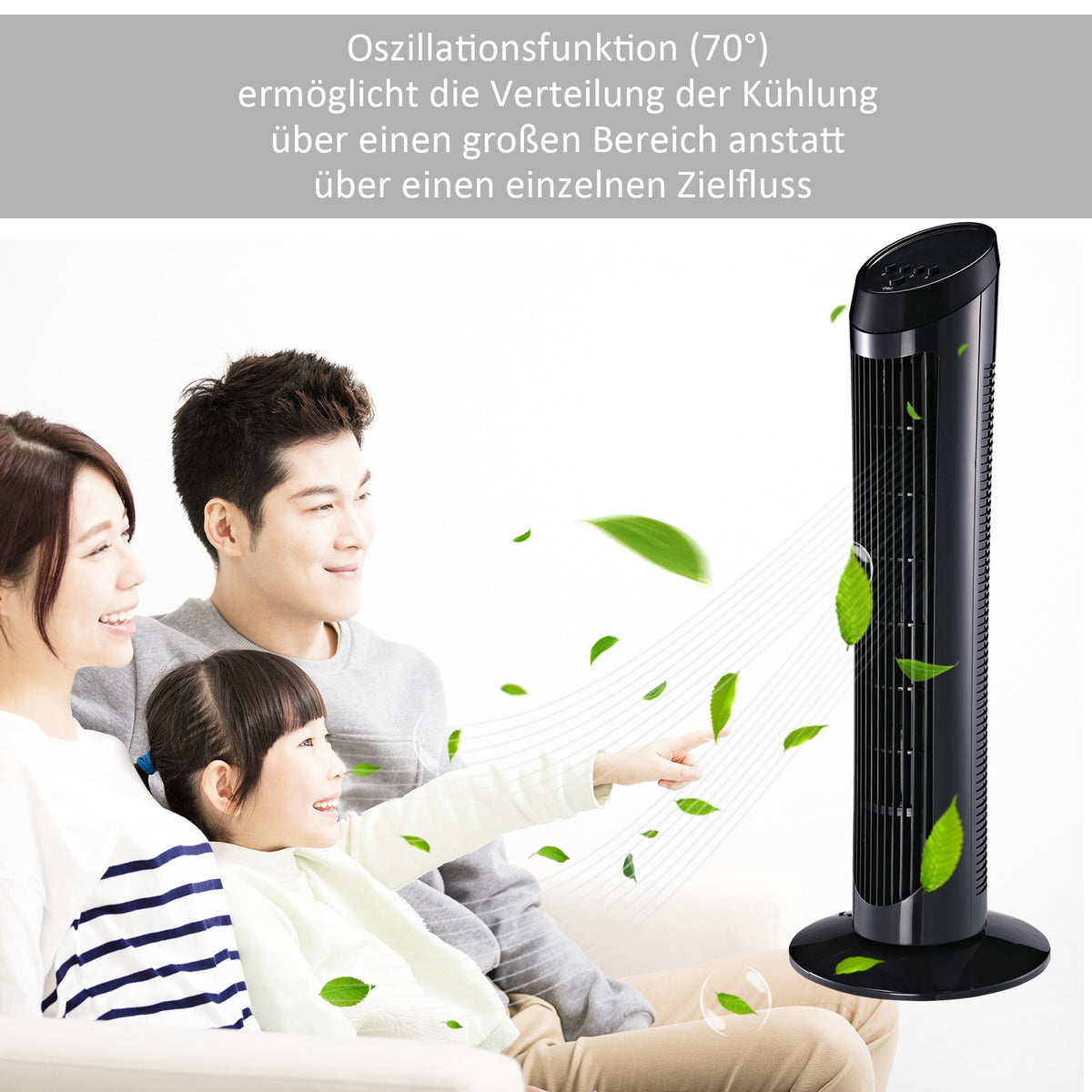 Tower Fan Pedestal Fan With 3 Ventilation Levels, 70° Oscillation, 45 W, Abs, Black, Ø27 X H75 Cm