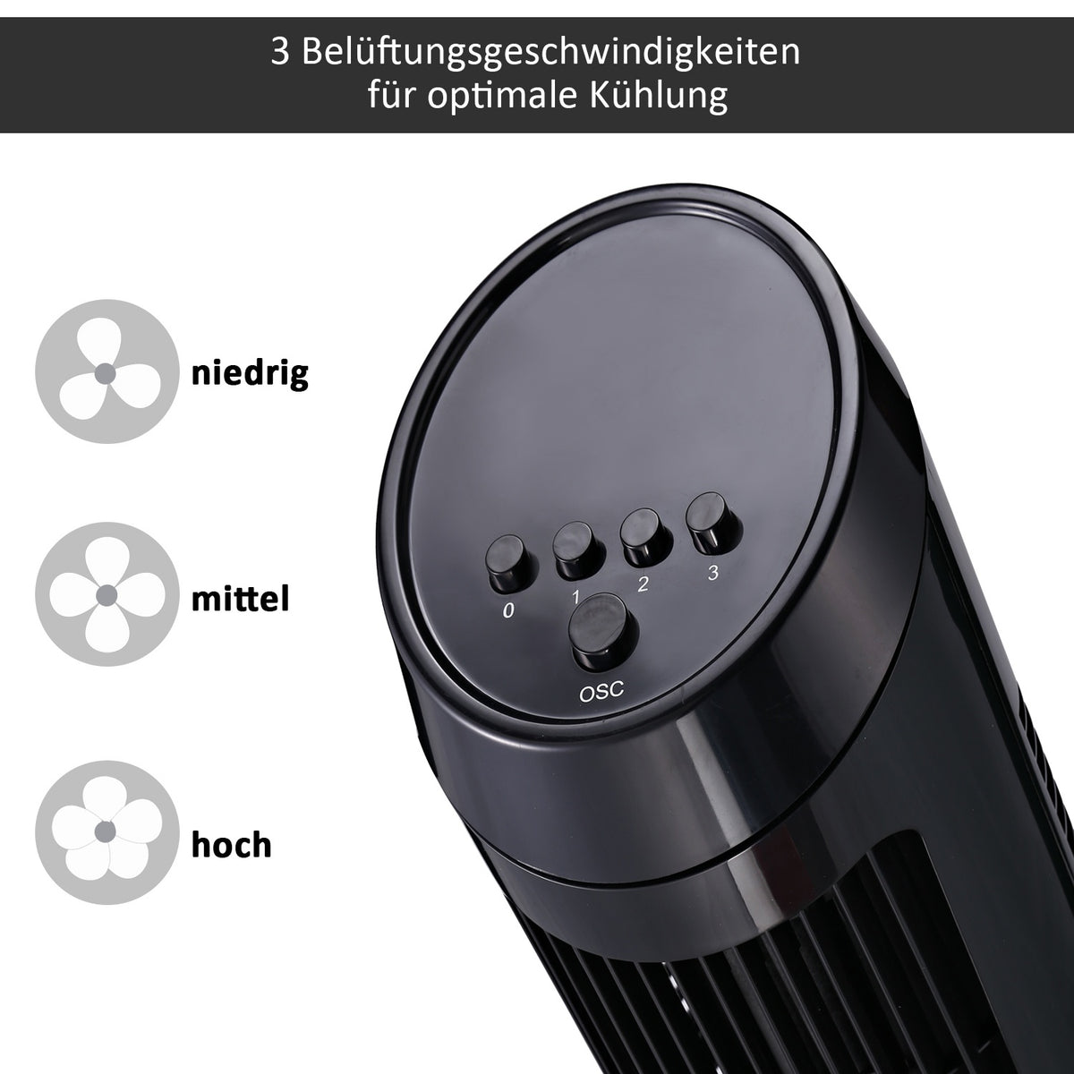 Tower Fan Pedestal Fan With 3 Ventilation Levels, 70° Oscillation, 45 W, Abs, Black, Ø27 X H75 Cm