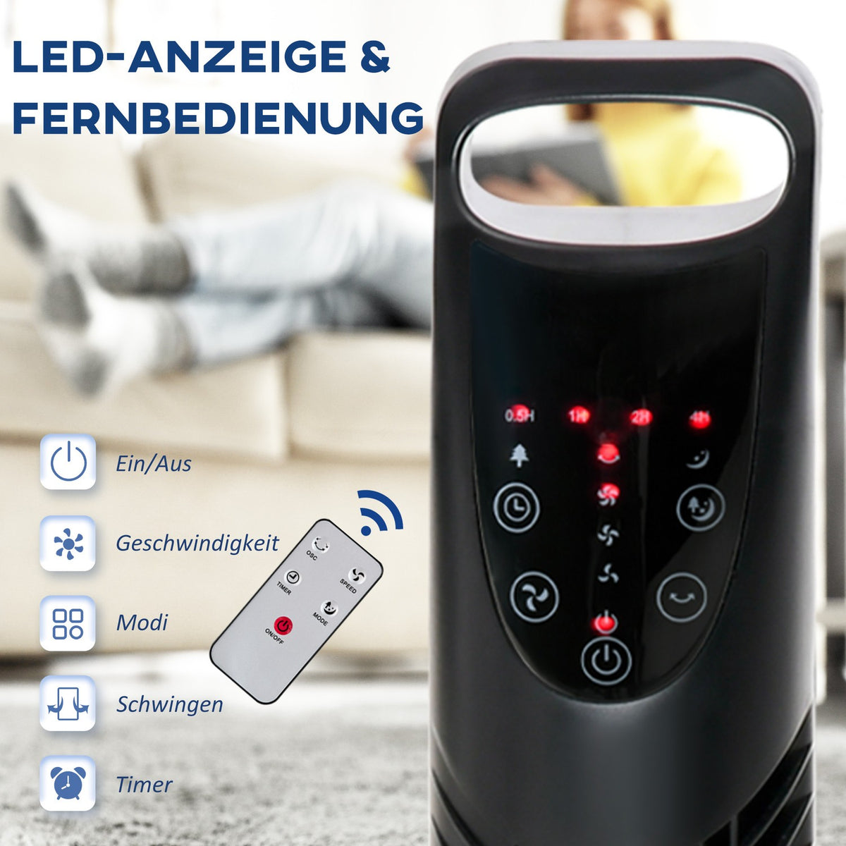 Tower Fan Quiet Stand Fan 3 Levels 7.5H Timer 40W Remote Control 70° Oscillation Bedroom Black