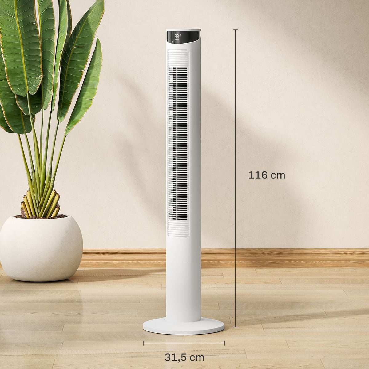 Tower fan, pedestal fan with 3 ventilation levels, remote control, 45W fan with 12H timer, 70° oscillation, for bedroom, white