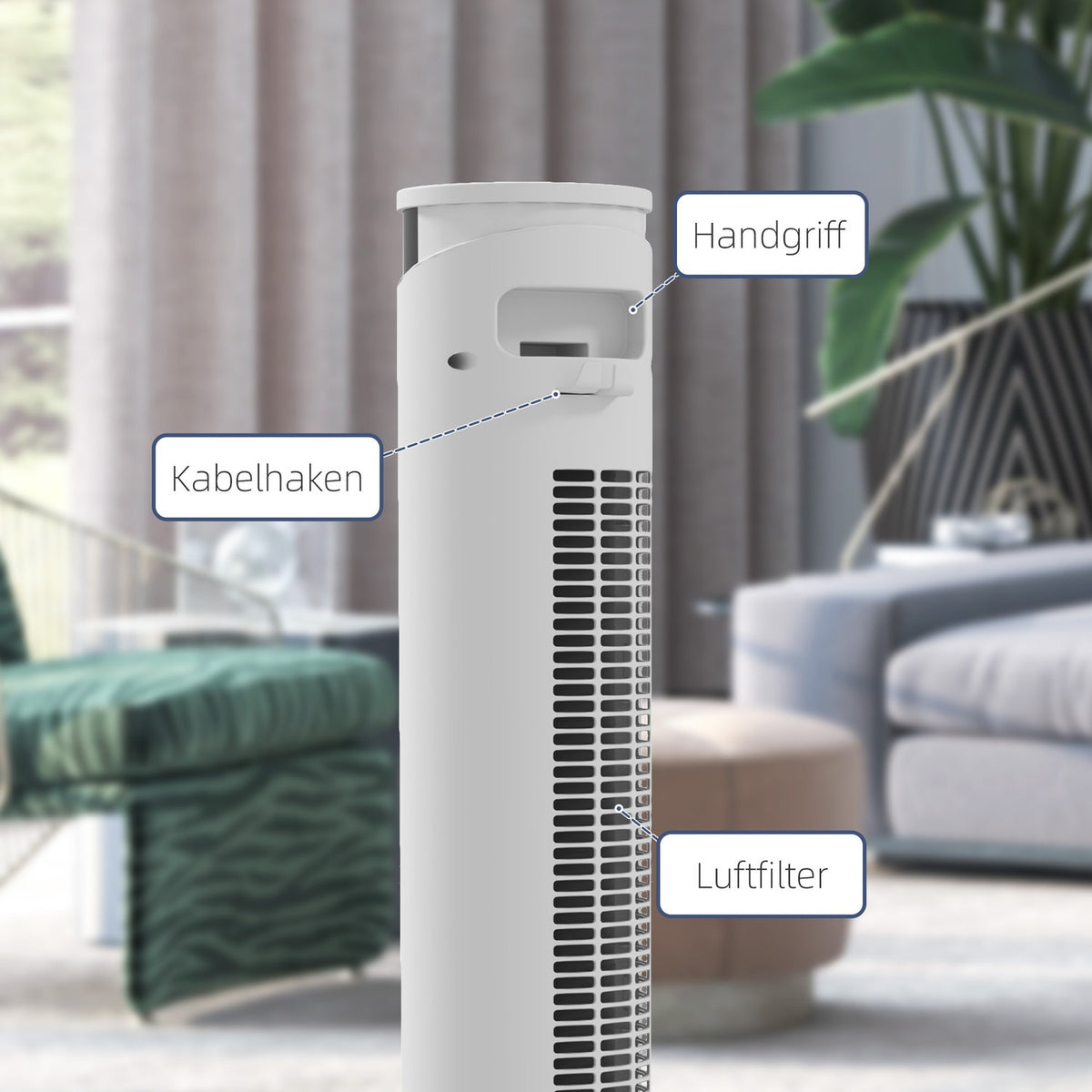 Tower fan, pedestal fan with 3 ventilation levels, remote control, 45W fan with 12H timer, 70° oscillation, for bedroom, white