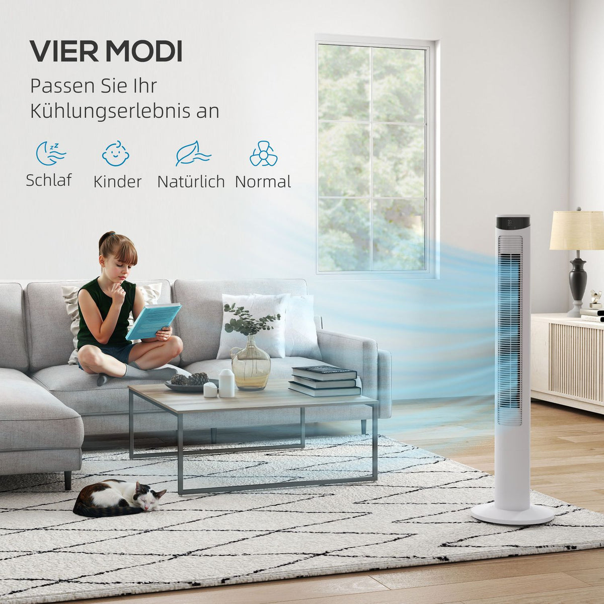 Tower fan, pedestal fan with 3 ventilation levels, remote control, 45W fan with 12H timer, 70° oscillation, for bedroom, white