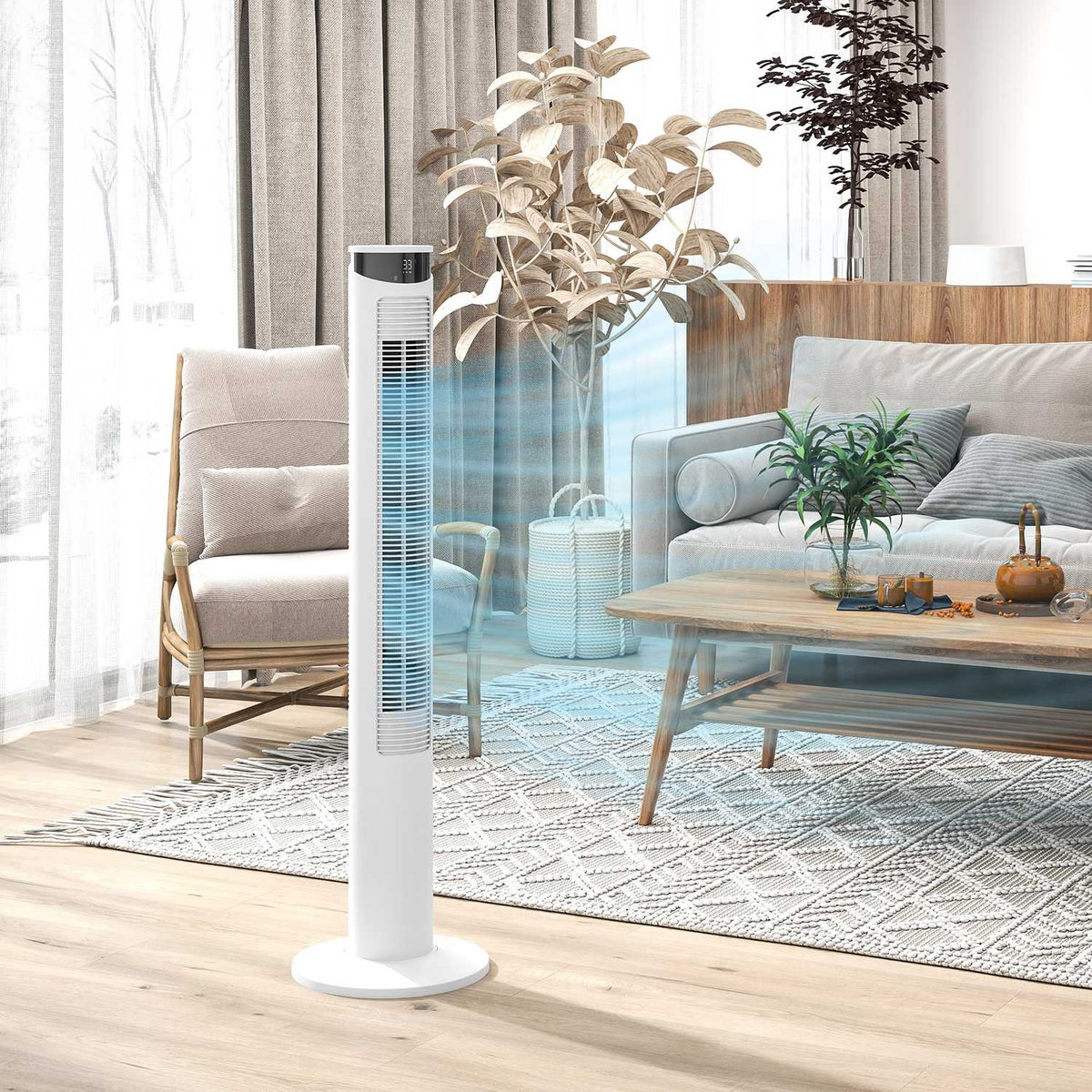 Tower fan, pedestal fan with 3 ventilation levels, remote control, 45W fan with 12H timer, 70° oscillation, for bedroom, white