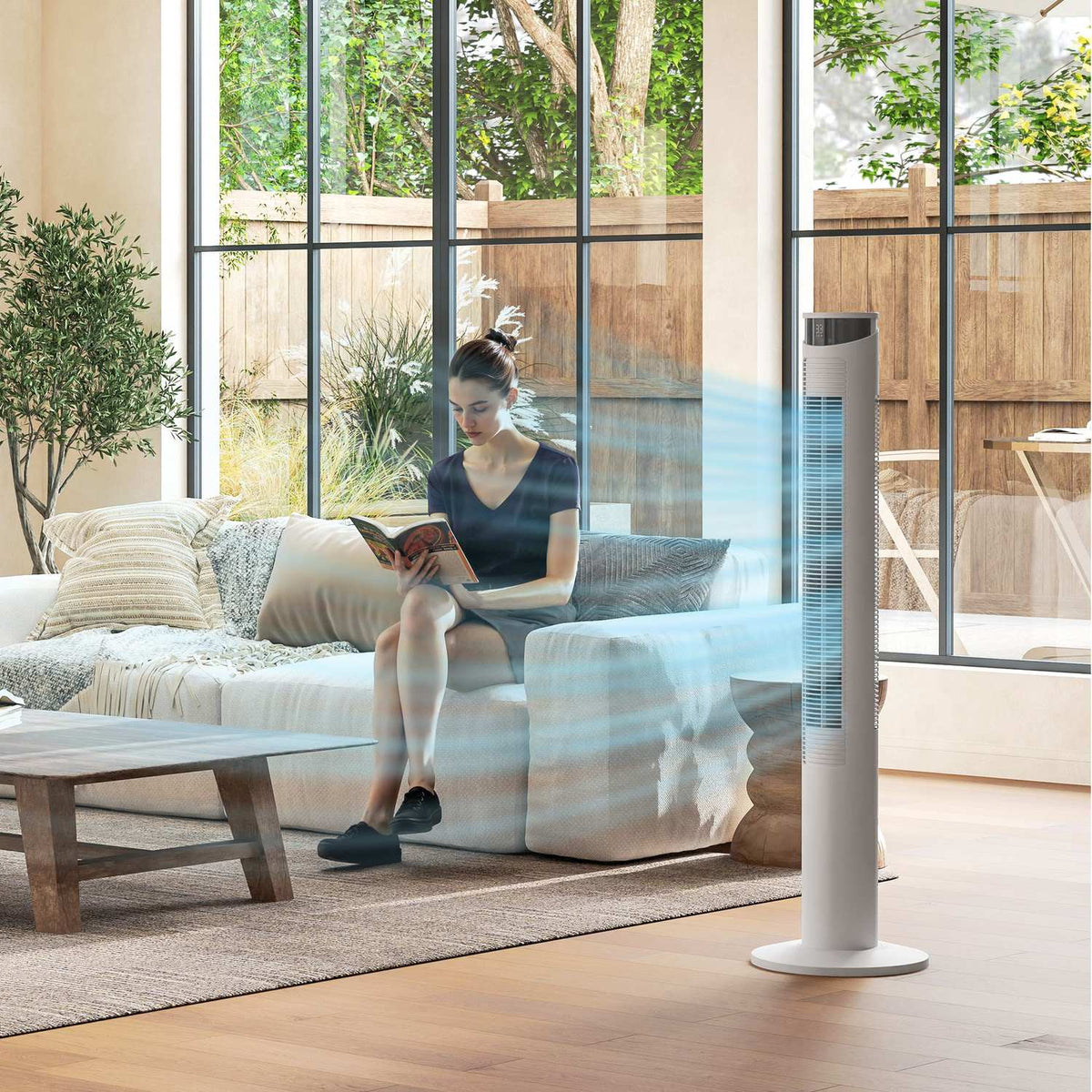 Tower fan, pedestal fan with 3 ventilation levels, remote control, 45W fan with 12H timer, 70° oscillation, for bedroom, white
