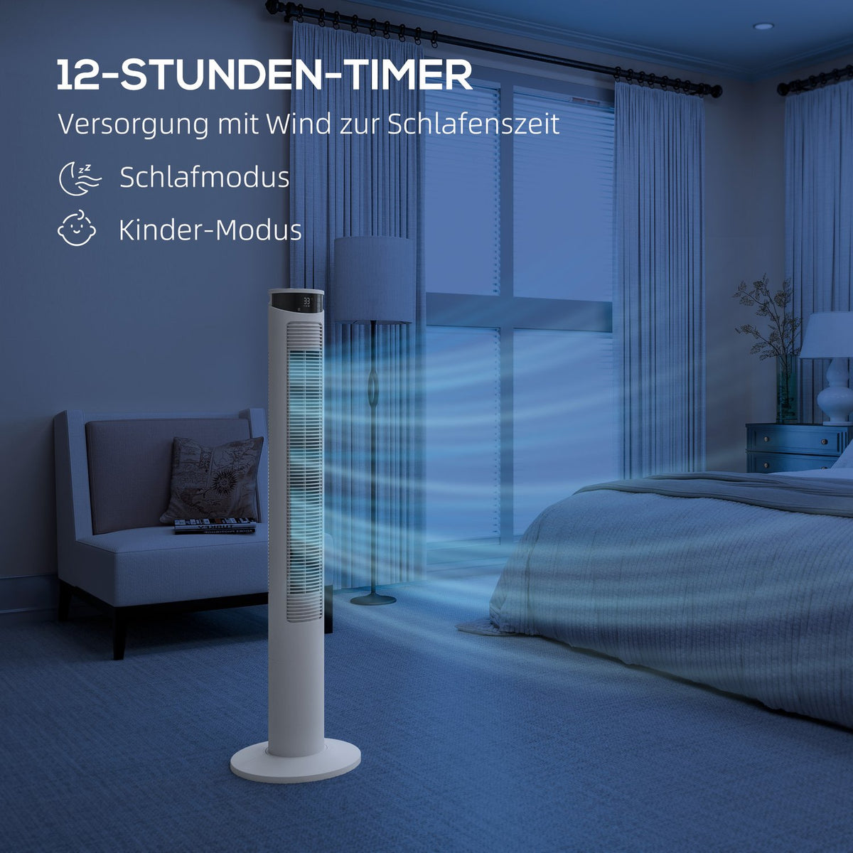Tower fan, pedestal fan with 3 ventilation levels, remote control, 45W fan with 12H timer, 70° oscillation, for bedroom, white