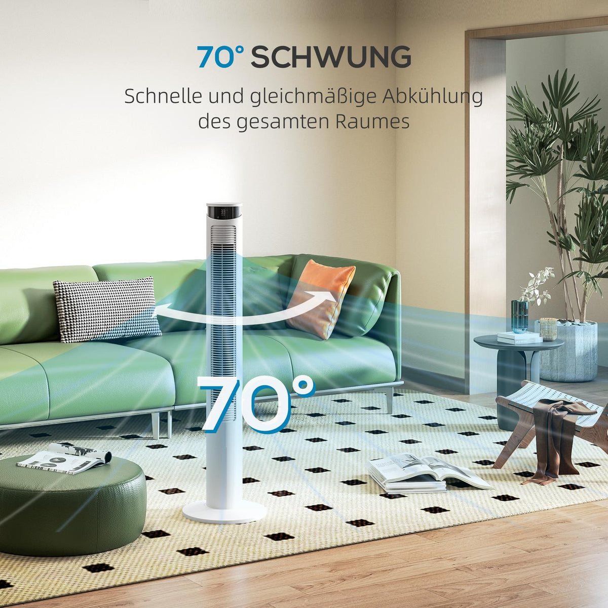 Tower fan, pedestal fan with 3 ventilation levels, remote control, 45W fan with 12H timer, 70° oscillation, for bedroom, white