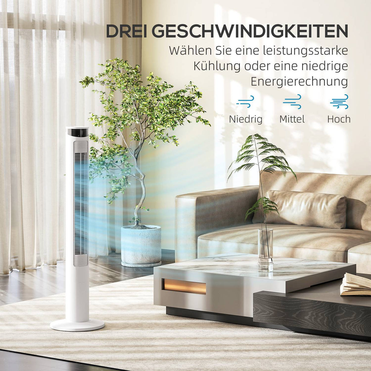 Tower fan, pedestal fan with 3 ventilation levels, remote control, 45W fan with 12H timer, 70° oscillation, for bedroom, white