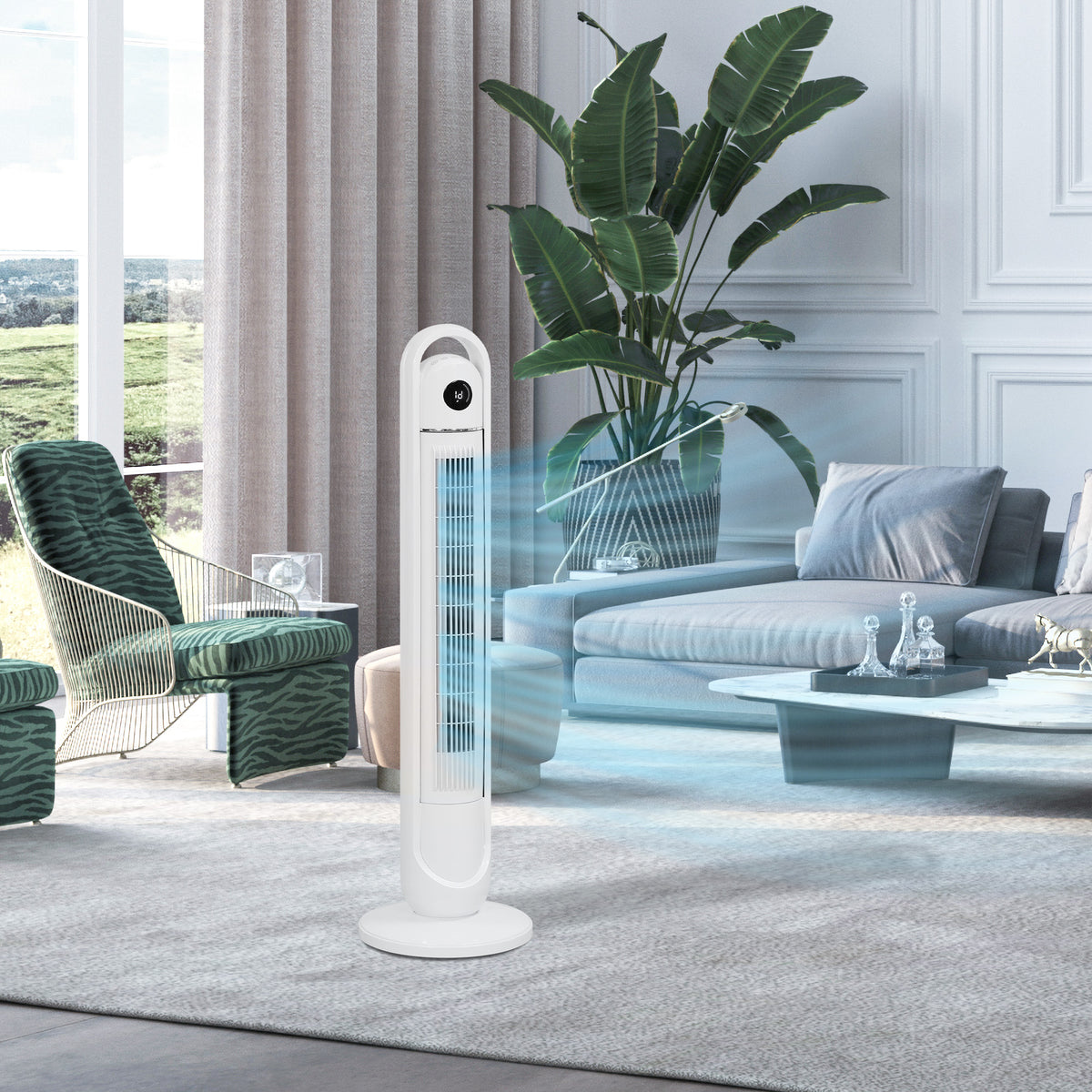 Tower fan, pedestal fan with 3 ventilation levels, remote control, 55W fan with 24H timer, LCD display, 70° oscillation, for bedroom, white