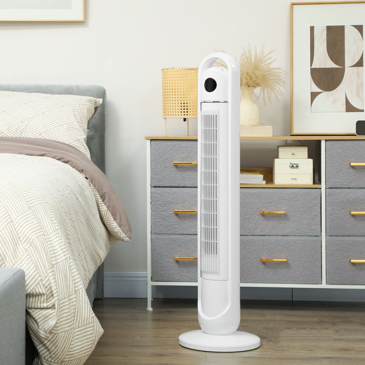 Tower fan, pedestal fan with 3 ventilation levels, remote control, 55W fan with 24H timer, LCD display, 70° oscillation, for bedroom, white
